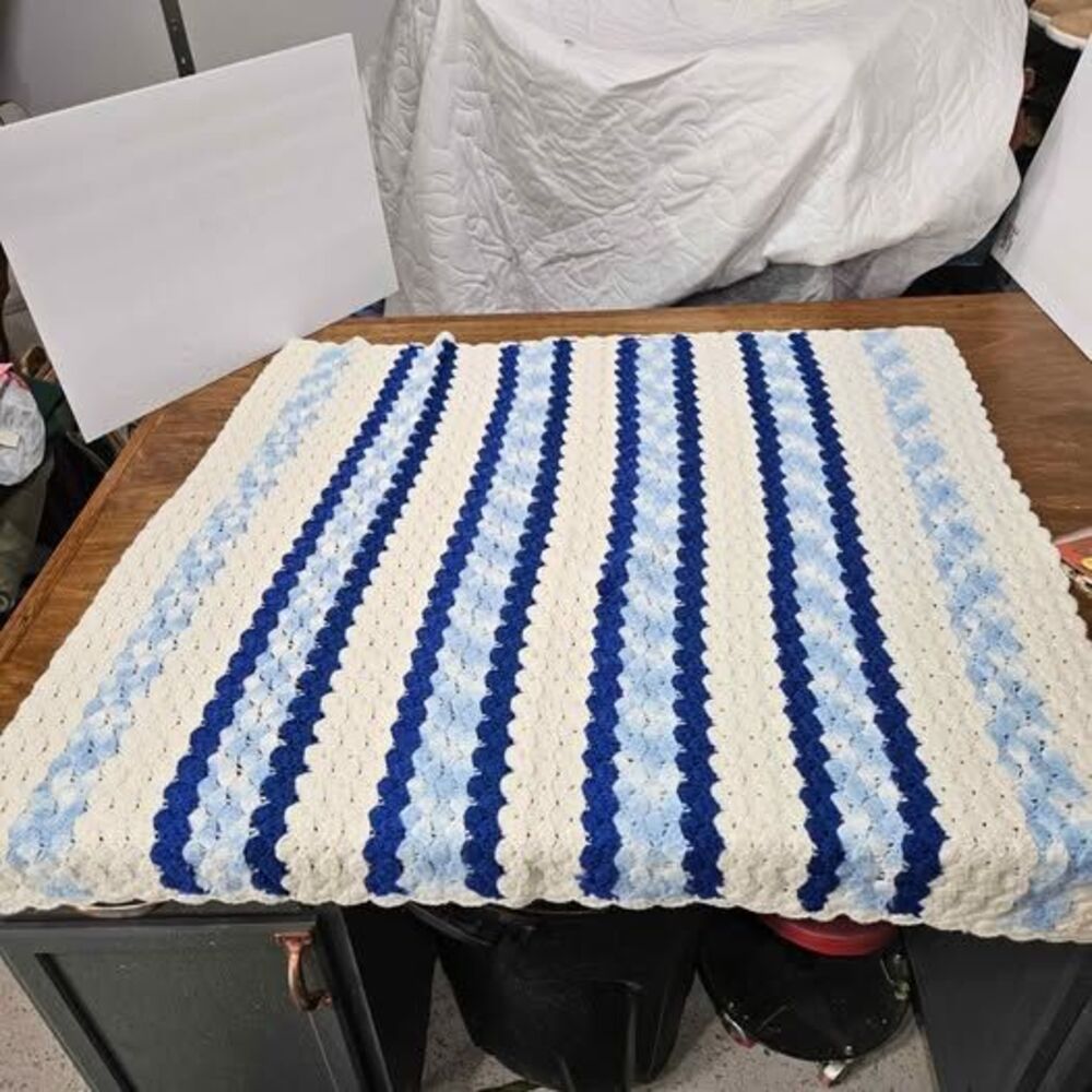 Vintage Crochet blanket blue white striped